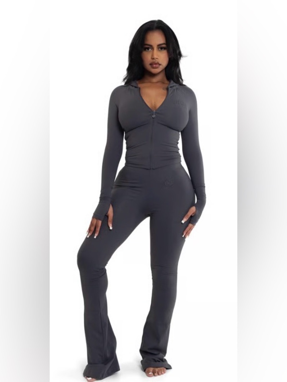 Long Sleeve Zip-Front Pantsuit in Charcoal Gray